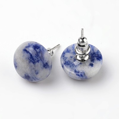 Half Round Dome Natural Blue Spot Jasper Stud Earrings EJEW-L171-04-1