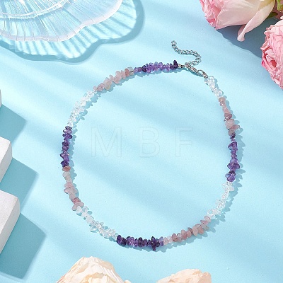 Natural Rose Quartz & Quartz Crystal & Amethyst Chip Beaded Necklaces NJEW-JN05099-04-1