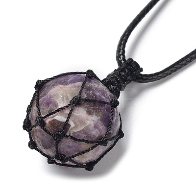 Natural Amethyst Round Pendant Necklace NJEW-H009-02-03-1