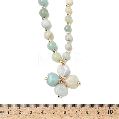 Saint Patrick's Day Natural Flower Amazonite Clover Pendant Round Beaded Necklaces with Brall Heart OT Clasps NJEW-G202-02G-03-1