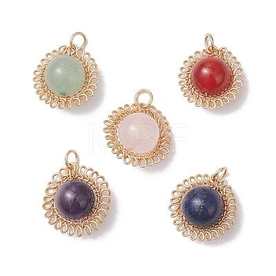 Copper Wire Wrapped Natural Amethyst & Green Aventurine & Rose Quartz & Lapis Lazuli & Carnelian Round Pendants PALLOY-JF04687-01-1