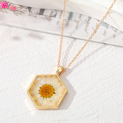 Bohemian Natural Dried Flower Hexagonal Geometric Transparent Glue Necklace Plant Floral Pendant ST5541187-1