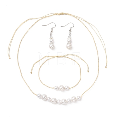 Round Shell Pearl Beaded Necklace & Bracelet & Dangle Earring Sets SJEW-JS01337-1