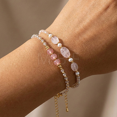 2Pcs Natural Rose Quartz & Glass & Imitation Pearl & Brass Beaded Bracelets for Women JV0360-3-1