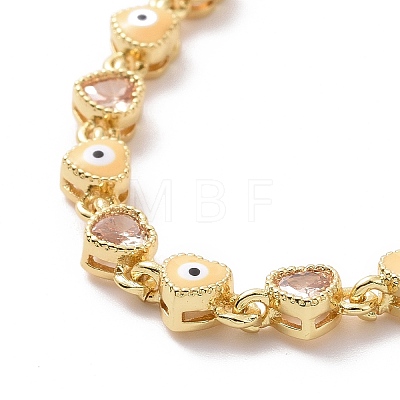 Enamel Evil Eye & Cubic Zirconia Heart Link Chain Bracelet BJEW-H555-01-1