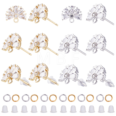CREATCABIN 12Pcs 2 Color Brass Pave Clear Cubic Zirconia Flower Stud Earring Findings DIY-CN0002-80-1