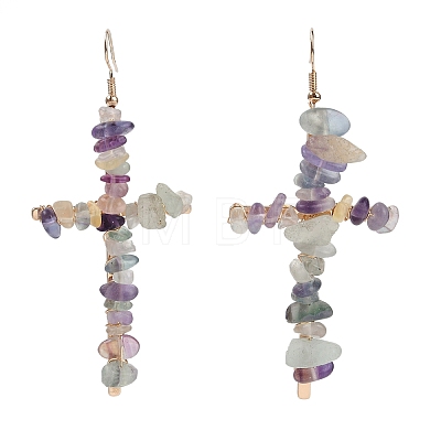 Natural Fluorite Cross Dangle Earrings EJEW-Z071-01G-05-1