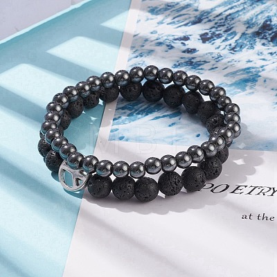 2Pcs 2 Style Natural Lava Rock & Synthetic Hematite Round Beaded Stretch Bracelets Set with Alloy Peace Sign BJEW-JB08311-1