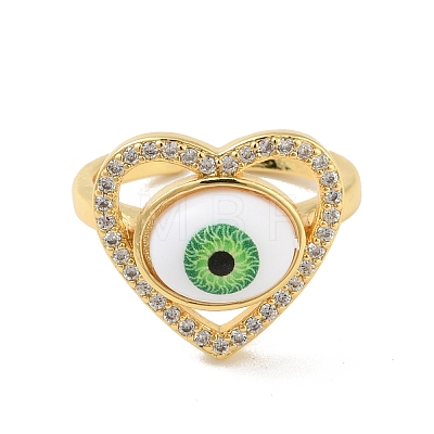 Cubic Zirconia Heart with Evil Eye Open Cuff Ring with Acrylic RJEW-B042-05G-01-1