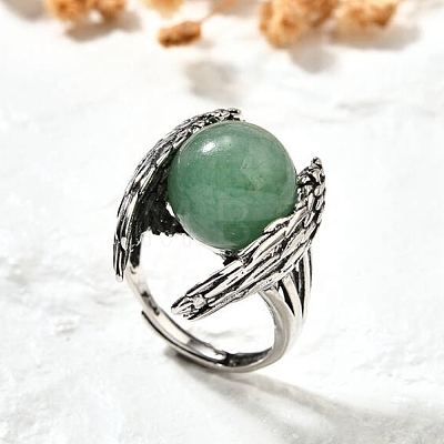 Natural Green Aventurine Wings Adjustable Rings RJEW-K241-04AS-12-1