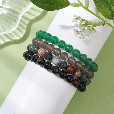 4Pcs Constellation 8mm Round Natural Gray Agate & Green Aventurine & Indian Agate & Black Onyx(Dyed & Heated) Beaded Stretch Bracelets for Women BJEW-JB10632-1