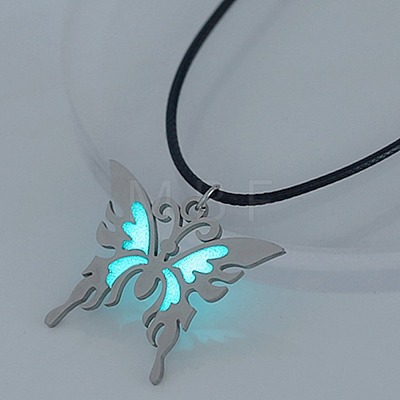 Glow in the Dark Luminous Stainless Steel Butterfly Pendant Necklaces PW-WG86035-01-1