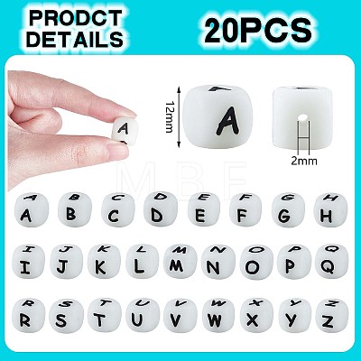 20Pcs Luminous Cube Letter Silicone Beads 12x12x12mm Square Dice Alphabet Beads with 2mm Hole Spacer Loose Letter Beads for Bracelet Necklace Jewelry Making JX437L-1