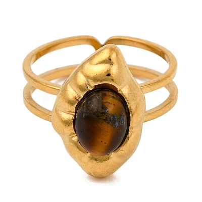 Oval Natural Tiger Eye Finger Rings RJEW-Q822-18G-01-1