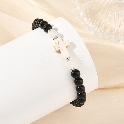 Dyed Synthetic Turquoise Religion Cross & Round Natural Black Onyx(Dyed & Heated) & White Moonstone Beaded Stretch Bracelets BJEW-JB14404-1