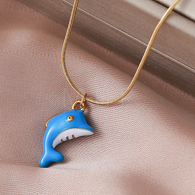 Vintage Stainless Steel Enamel Ocean Dolphin Pendant Necklaces for Women ZX7053-1