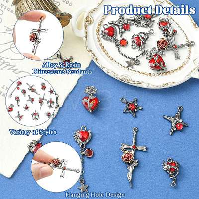 16Pcs 8 Styles Alloy & Resin Rhinestone Pendants FIND-CJ0005-96-1
