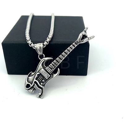 Punk Fashion 304 Stainless Steel Skull Guitar Pendant Necklaces for Unisex CY1349-1