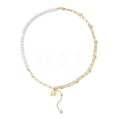 Round Shell Pearl & Brass Chain Flower Pendant Necklaces NJEW-JN04963-1