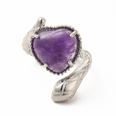 Natural Amethyst Heart with Snake Open Cuff Ring RJEW-P082-02P-14-1