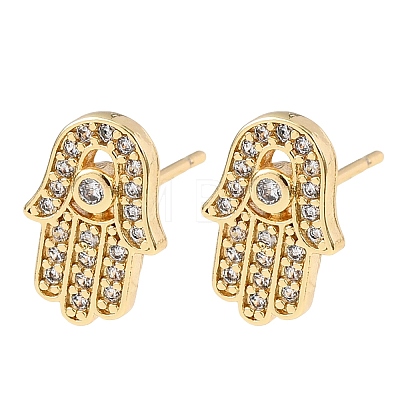 Hamsa Hand Brass Micro Pave Clear Cubic Zirconia Stud Earrings EJEW-H178-07G-1