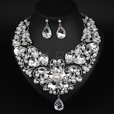 Teardrop Alloy Rhinestone Pendant Necklaces & Stud Earrings Sets for Women WG498A8-08-1