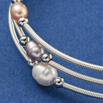 Four-Loops Brass & Natural Freshwater Pearl Beaded Wrap Bracelets for Women BJEW-F470-02S-1