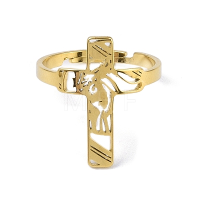 304 Stainless Steel Adjustable Finger Rings. Hollow Cross RJEW-C074-04G-1