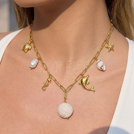 Summer Beach 304 Stainless Steel & Natural Shell Starfish Dolphin Sea Horse Pendant Paperclip Chain Necklaces for Women ZQ6874-1