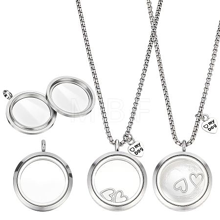 2Pcs Alloy Glass Flat Round Pet Fur Keepsake Locket Pendant 304 Stainless Steel Box Chain Necklaces NJEW-PH0001-54B-1