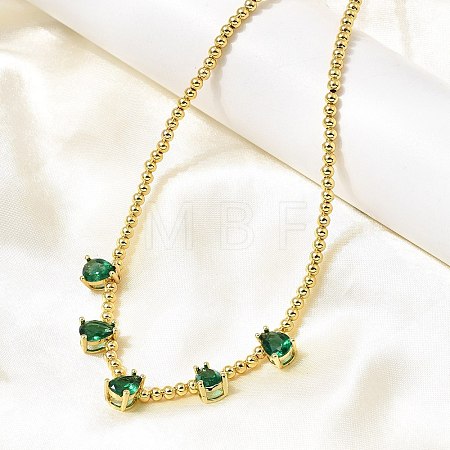 Brass Pave Cubic Zirconia Teardrop Pendant Round Beaded Necklaces NJEW-C121-01G-04-1