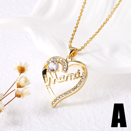 Brass Pave Clear Cubic Zirconia Mama Heart Pendant Necklaces for Mother's Day FS-WGFC5D6-01-1