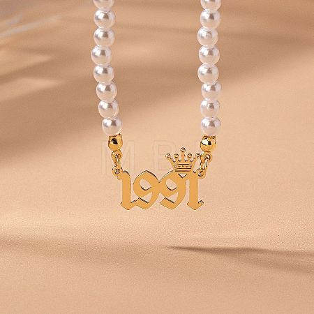 Alloy Crown Birth Year Pendant Imitation Pearl Round White Beaded Necklaces for Women FS-WG173C9-31-1