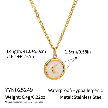 304 Stainless Steel Flat Round with Moon Pendant Necklaces for Women FB1045-2-1