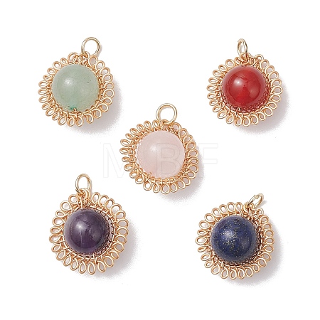 Copper Wire Wrapped Natural Amethyst & Green Aventurine & Rose Quartz & Lapis Lazuli & Carnelian Round Pendants PALLOY-JF04687-01-1