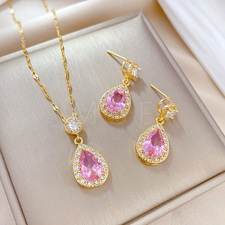 Brass Micro Pave Cubic Zirconia Pendant Necklace & Stud Earrings WG7AC39-23-1