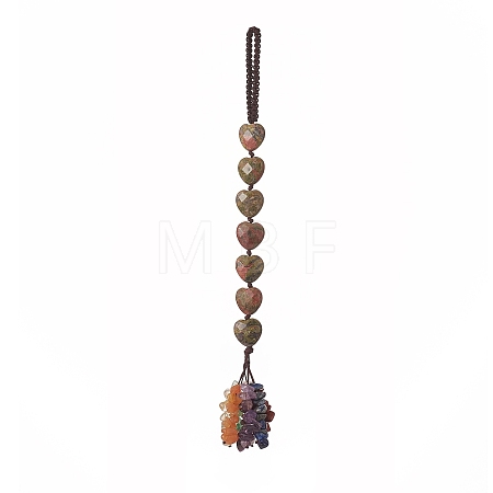 Heart Natural Unakite & Mixed Stone Chips Tassel Pendant Decorations HJEW-JM00948-03-1