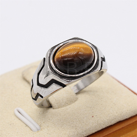 316L Surgical Stainless Steel and Natural Tiger Eye Finger Rings for Men FS-WG3E90C-38-1