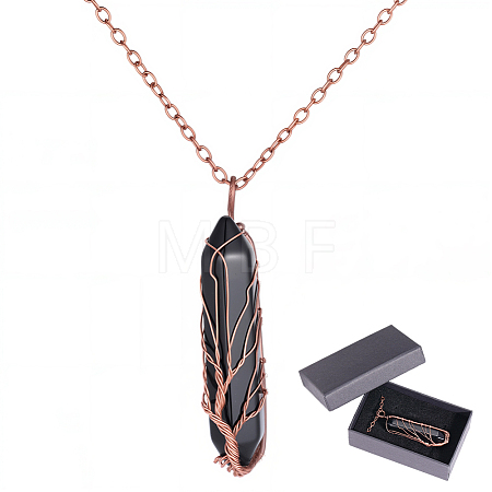 1Pc Natural Black Agate Bullet Macrame Pouch Pendant Alloy Chain Necklaces NJEW-PA0001-01D-1