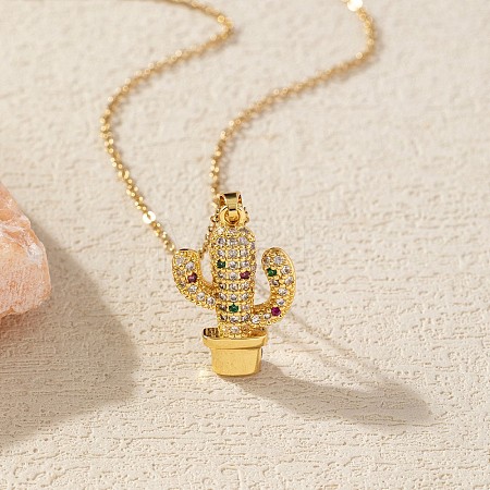 Cinco de Mayo Brass Micro Pave Cubic Zirconia Cactus Pendant Necklaces FS-WG8A002-04-1