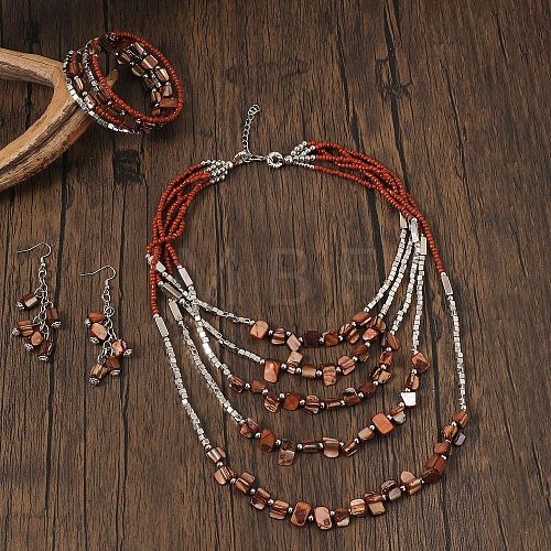 Alloy & Natural Shell & Glass Seed Beaded Multilayer Necklaces & Dangle Earrings & Bangles Sets WGCEEFD-05-1