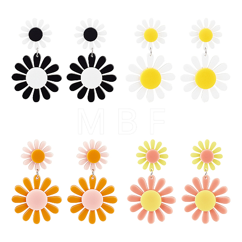 4 Pairs 4 Colors Acrylic Sunflower Dangle Stud Earrings EJEW-AN0002-99-1