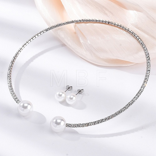 Round Plastic Imitation Pearl Stud Earrings & Rhinestone Cuff Choker Necklaces Sets SJEW-U003-04P-1