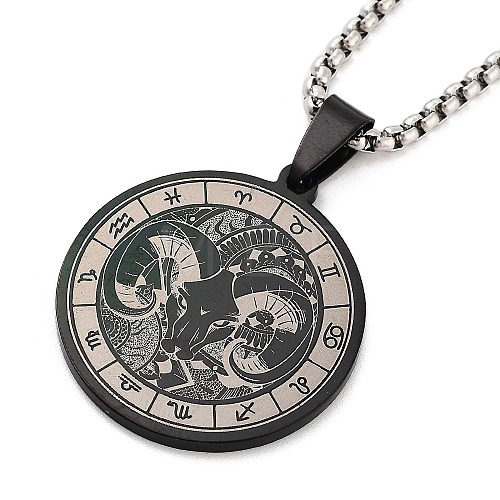 Retro Mandala 201 Stainless Steel Box Chain Constellation Pendant Necklaces for Women Men NJEW-M223-01B-1