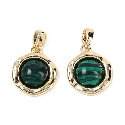 Brass Pave Synthetic Malachite Flat Round Charms KK-U043-42G-C-1