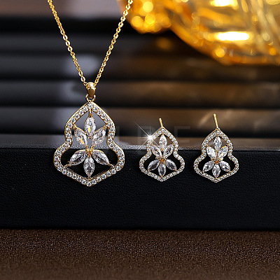 Gourd with Flower Brass Micro Pave Clear Cubic Zirconia Stud Earrings & Pendant Necklaces Sets for Women WG4C111-02-1