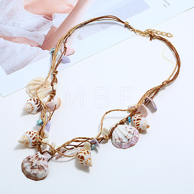Bohemian Natural Shell Chip Shell Shape Pendant Raffia Cord Multi-strand Necklaces for Women FS-WG267BD-01-1