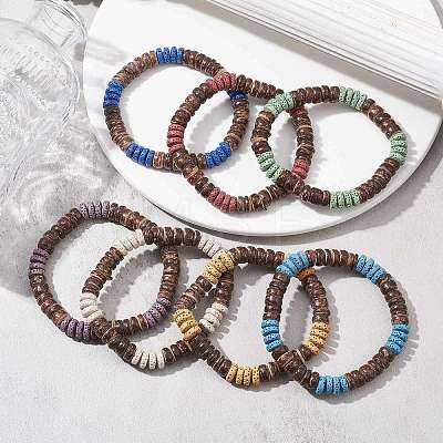 7Pcs 7 Color Dyed Natural Lava Rock & Coconut Disc Beaded Stretch Bracelets Set BJEW-JB09827-1