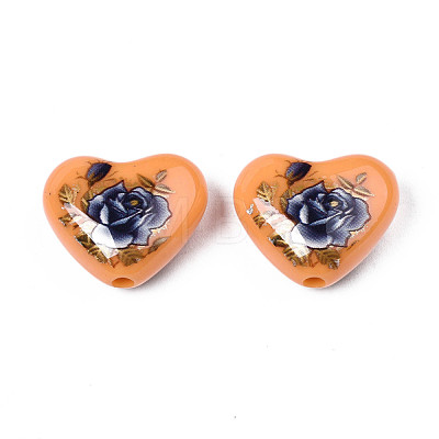 Flower Printed Opaque Acrylic Heart Beads SACR-S305-28-J01-1