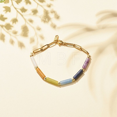 Natural Mixed Gemstone Curved Tube Beaded Bracelet with 304 Stainless Steel Paperclip Chains BJEW-JB08128-1